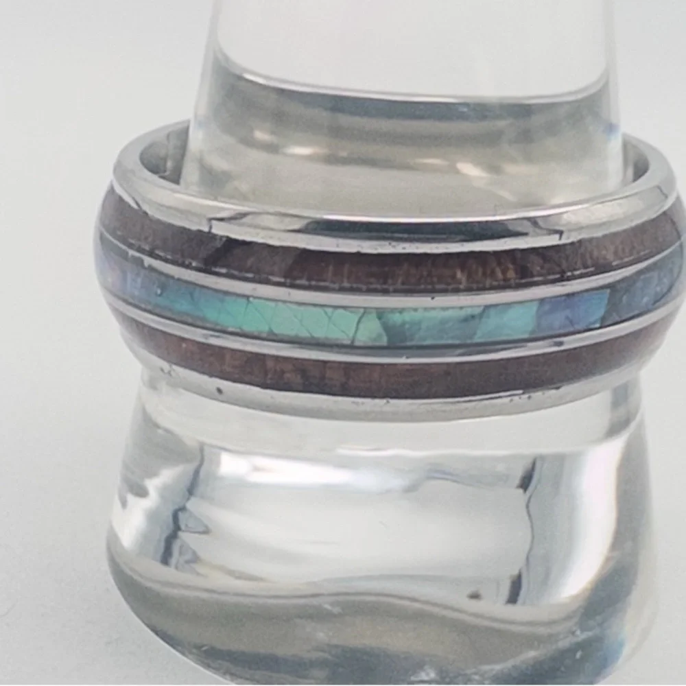 Mens Tungsten Carbide Ring With Wood & Opal Inlay Durable & Stylish Design - Picture 7 of 13